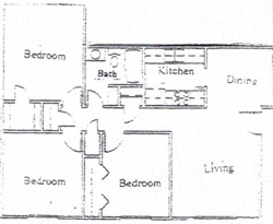 Floor plan for 3 beds, 1 bath, 883 sqft